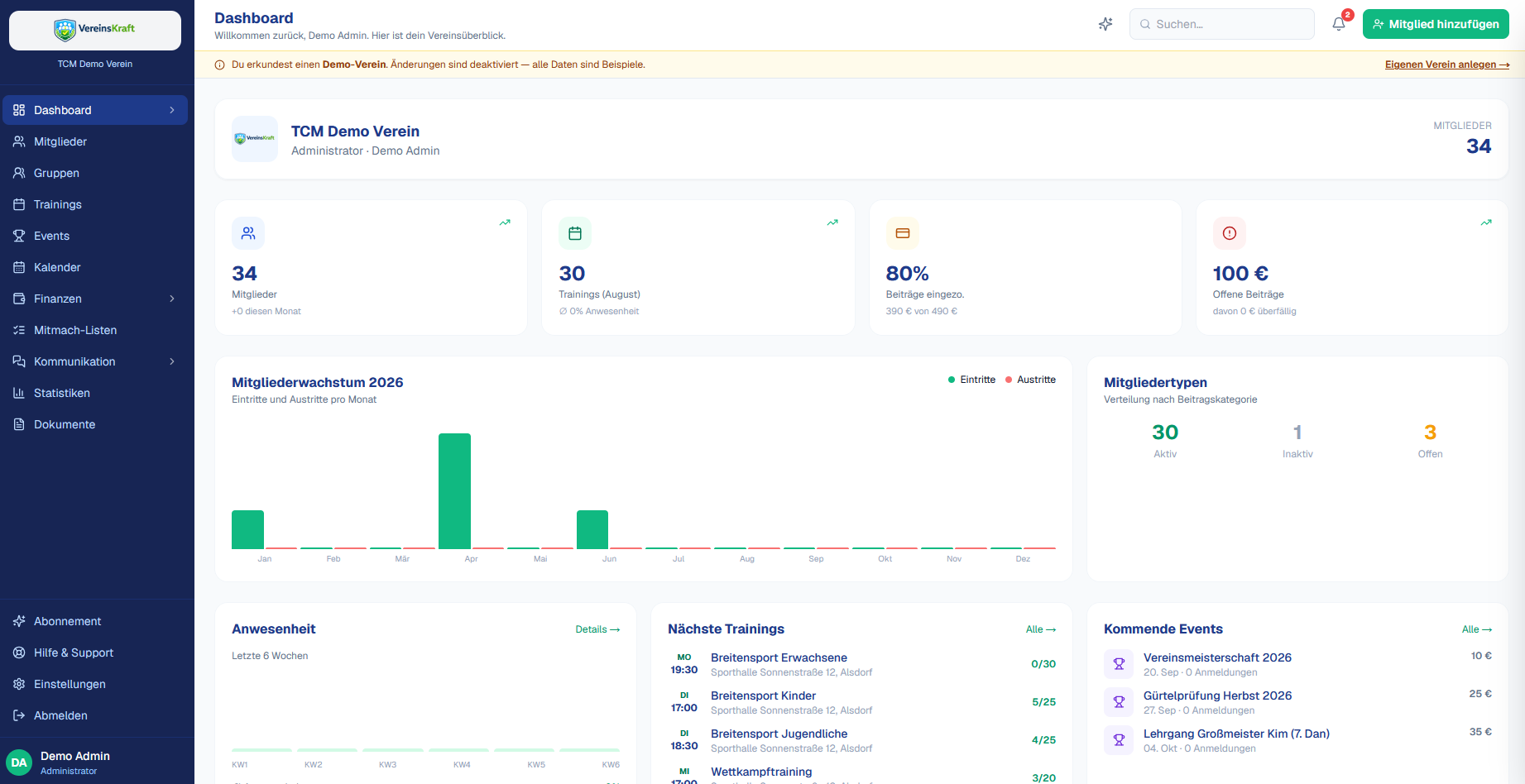 VereinsKraft Dashboard mit Mitgliederstatistik, Trainings und offenen Beitr\u00e4gen